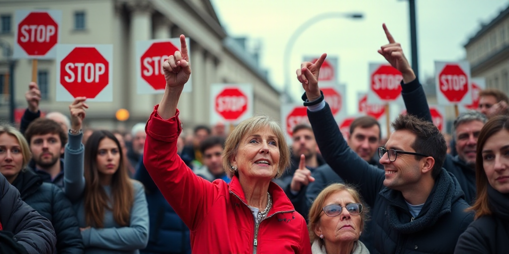 a group of people holding signs and pointing at something in the air with one person holding a stop