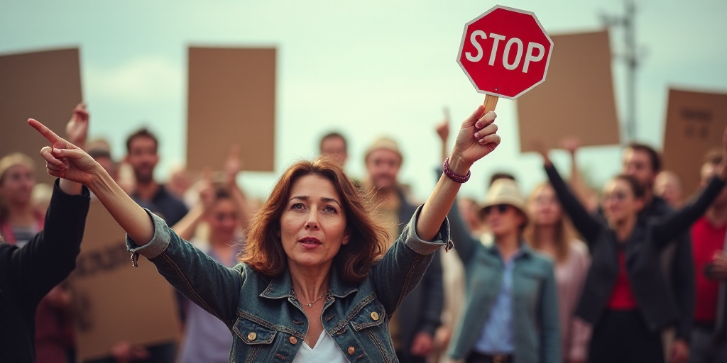a group of people holding signs and pointing at something in the air with one person holding a stop