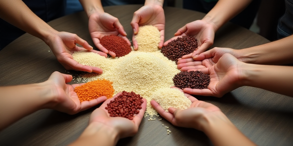a group of people holding their hands together over grains of rice and beans in a circle on a wooden