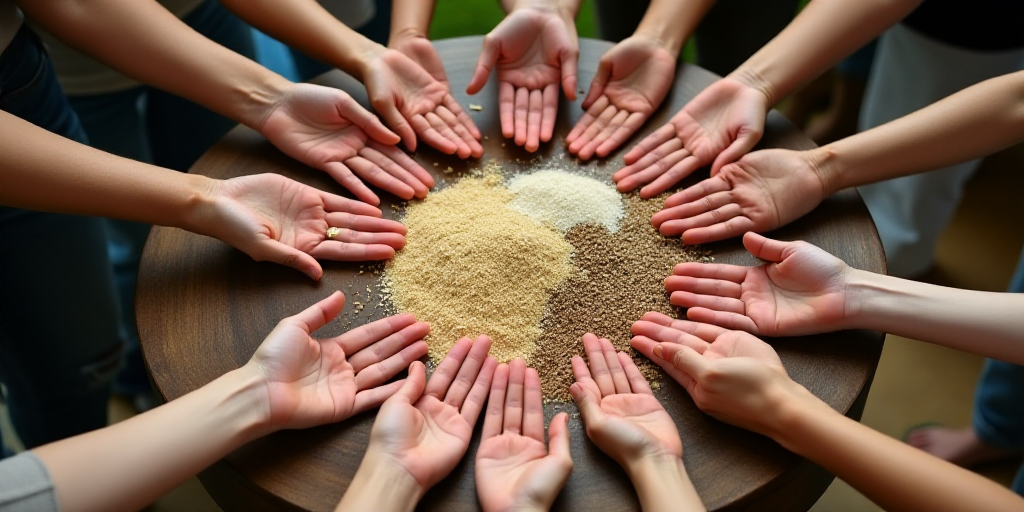 a group of people holding their hands together over grains of rice and beans in a circle on a wooden