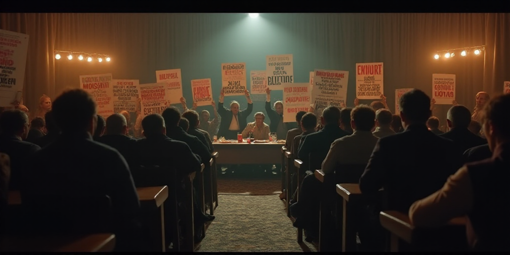 a group of people holding up political posters in front of a crowd of people sitting down at a table