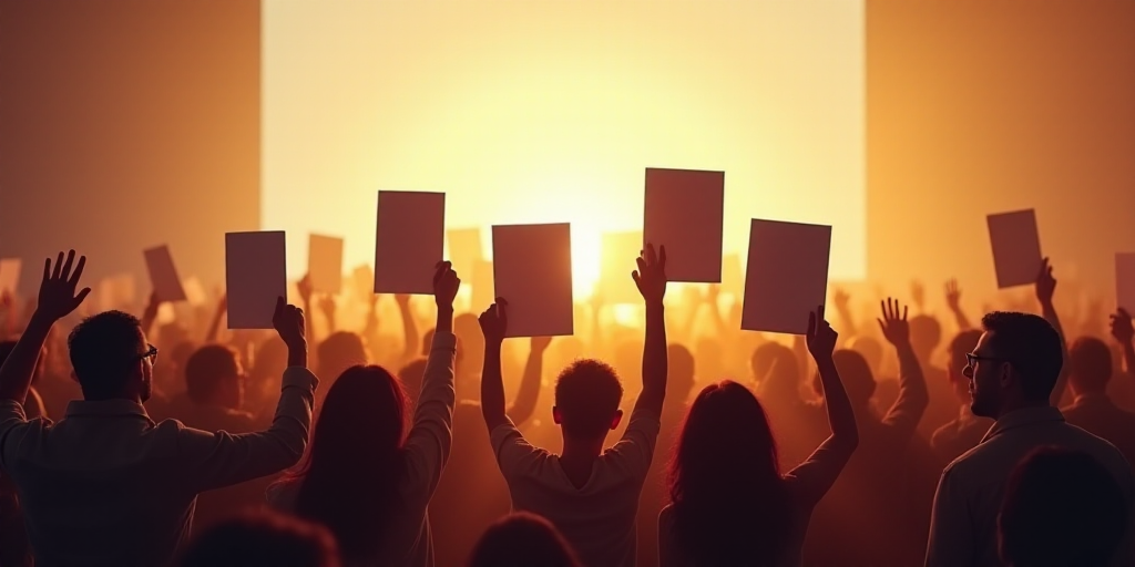 a group of people holding up some papers in front of a crowd of people with their hands up in the ai
