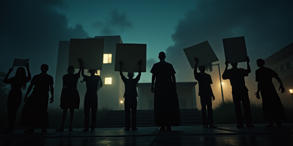 a group of people holding up signs on a stage with a building in the background at night time with l