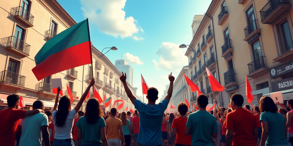 a group of people holding up signs and flags in a street with buildings in the background and a sky