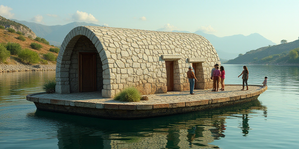 a group of people in a boat with a roof made of cement tiles on the water with a raft, Aquirax Uno,