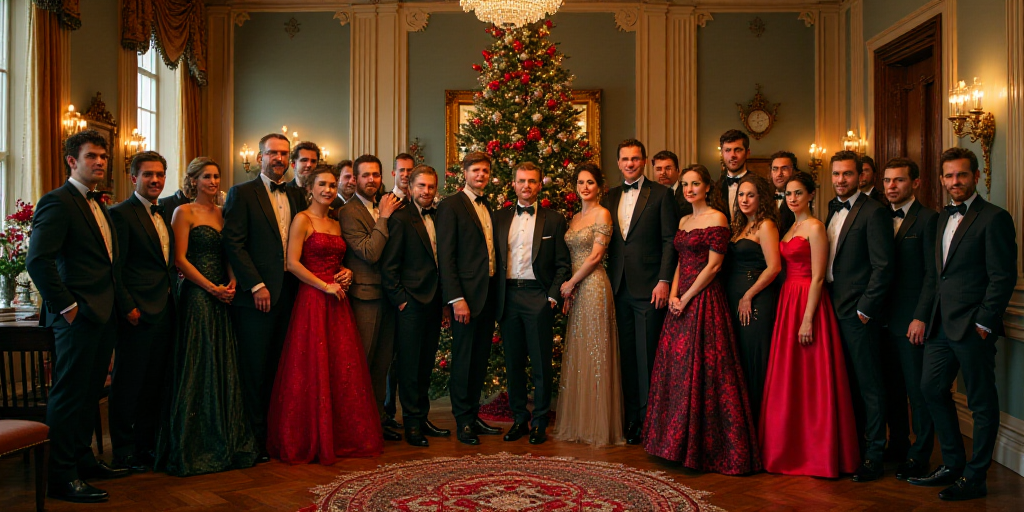 a group of people in formal clothing posing for a picture in front of a christmas tree in a room, Ca