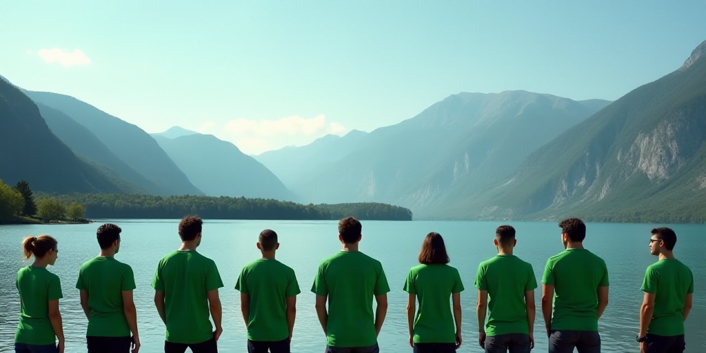 a group of people in green shirts standing next to a lake with mountains in the background and a blu
