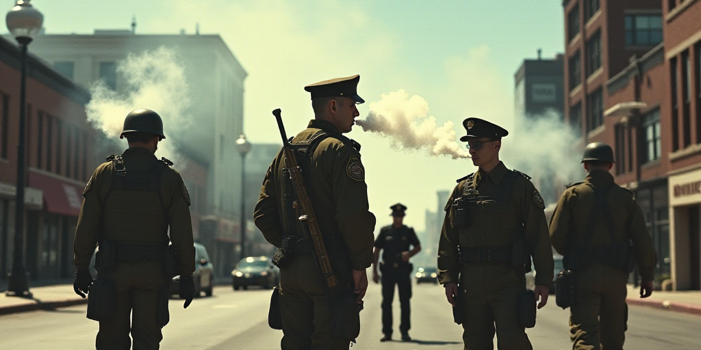 a group of people in military gear standing on a street corner with smoke coming out of their mouths