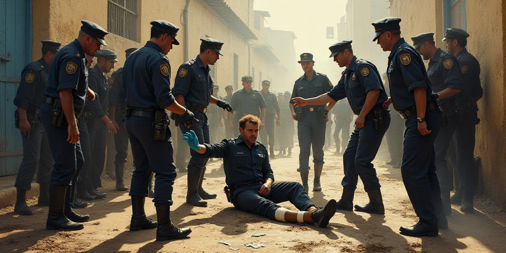 a group of people in uniform are surrounding a man on the ground with a bandage on his leg and a man