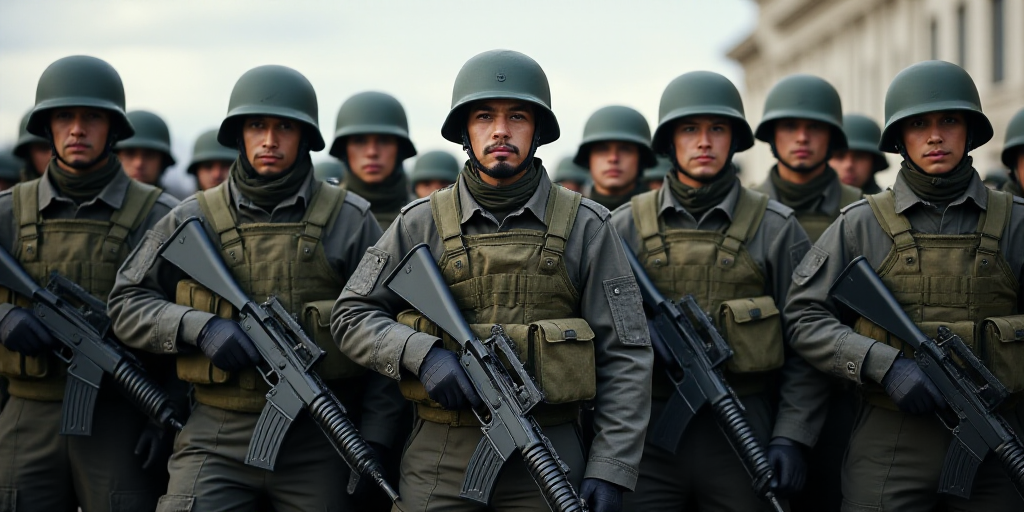 a group of people in uniform standing next to each other with guns in their hands and helmets on the