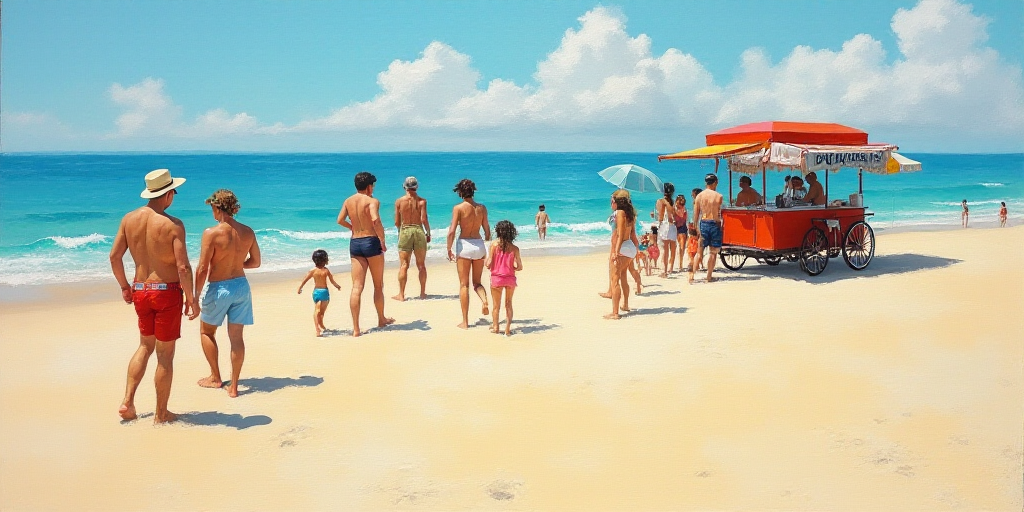 a group of people on a beach with a food cart in the background and a few people on the sand, Estuar