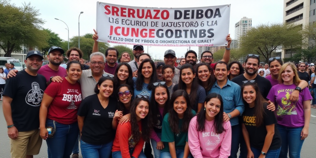 a group of people posing for a picture together with a banner in the background that says, jornada p