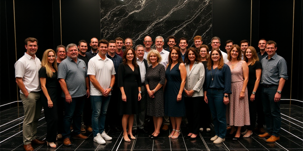 a group of people posing for a picture in a room with a black marble wall and a black marble floor,
