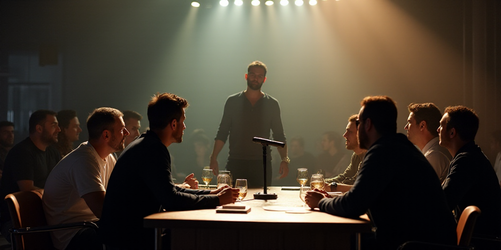 a group of people sitting around a table with a microphone in front of them and a man standing at th
