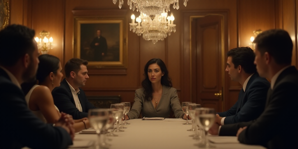 a group of people sitting around a table talking to each other in a room with wooden paneling and ch