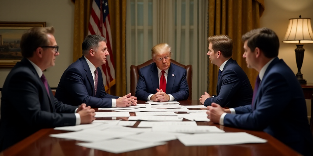 a group of people sitting around a table with papers and papers on it, with president trump in the b
