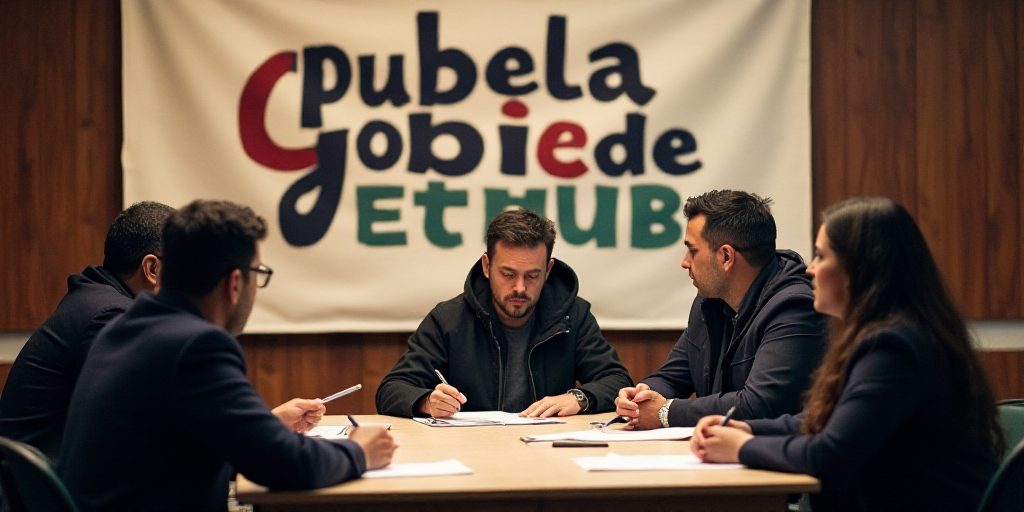 a group of people sitting around a table with papers and pens on it in front of a banner with the wo
