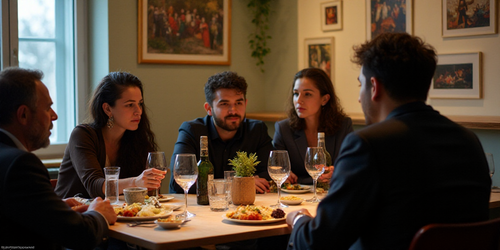 a group of people sitting around a table with food and drinks on it in a room with pictures on the w