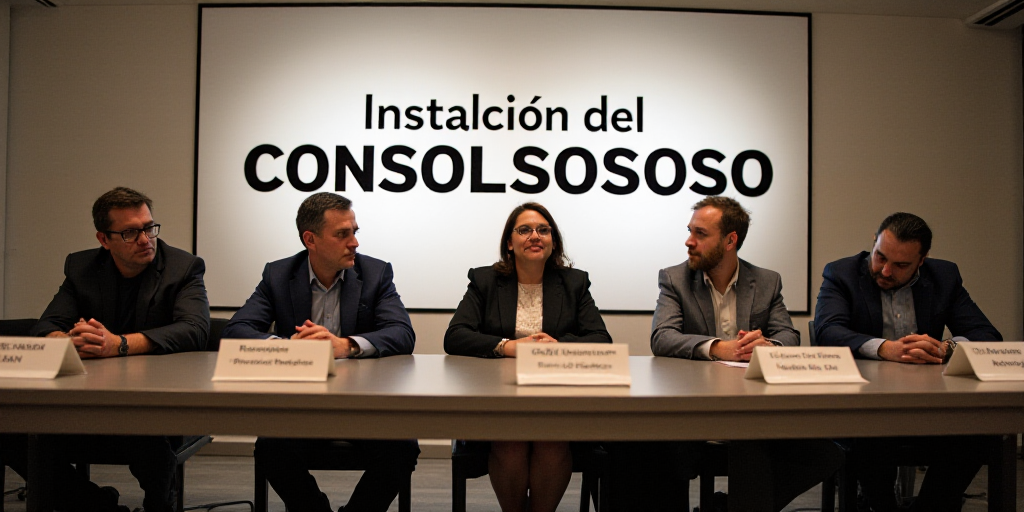 a group of people sitting at a table with a sign behind them that says instalcion del consolsososo,