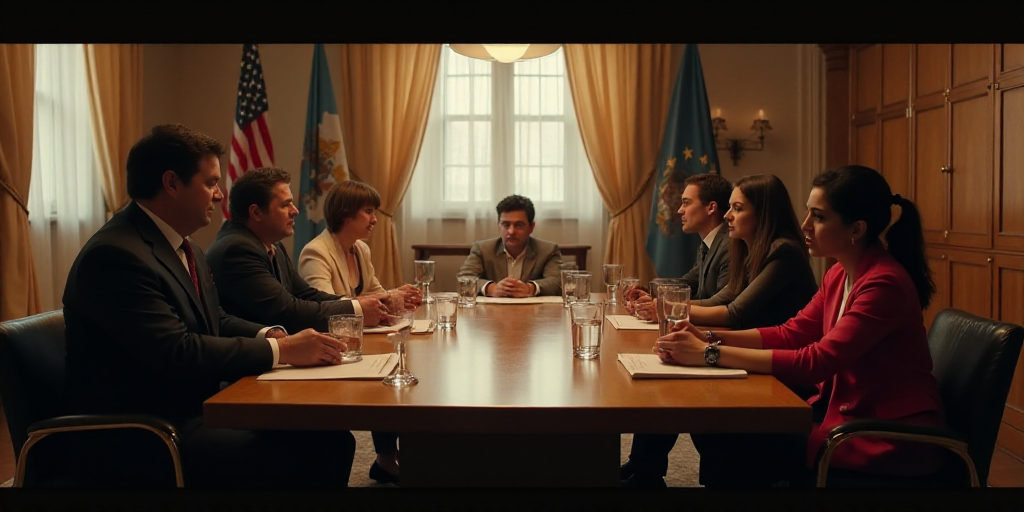 a group of people sitting at a table in a room with flags on the walls and a flag hanging from the c