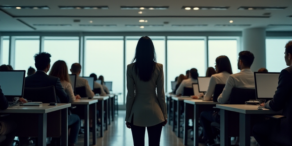 a group of people sitting at a desk with computers in front of them and a woman standing at the fron