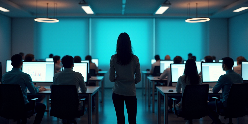 a group of people sitting at a desk with computers in front of them and a woman standing at the fron