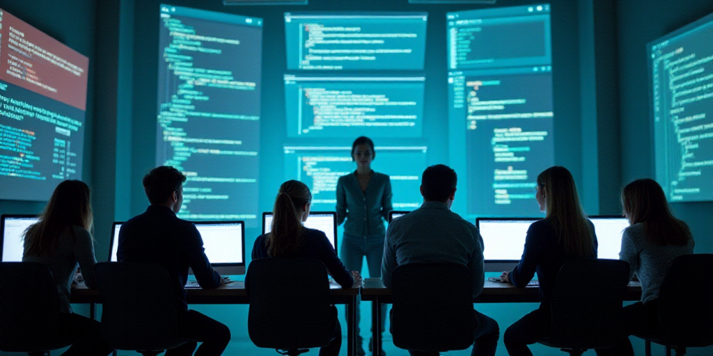 a group of people sitting at a desk with computers in front of them and a woman standing at the fron