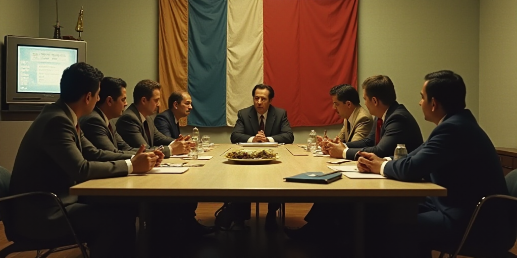 a group of people sitting at a table in a room with a flag on the wall behind them and a tv on the w