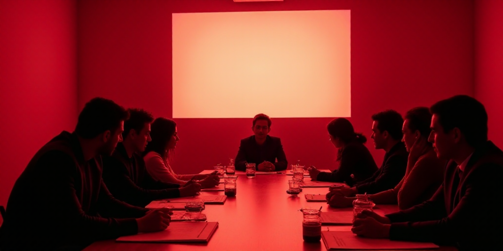 a group of people sitting at a table with papers in front of them and a projector screen behind them