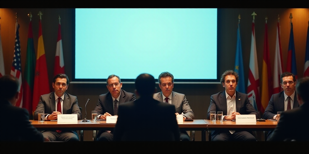 a group of people sitting at a table with flags behind them and a screen behind them with a large sc