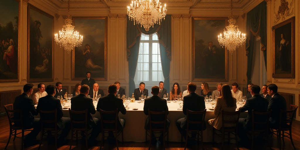 a group of people sitting at a long table in a room with chandeliers and paintings on the walls, Eng