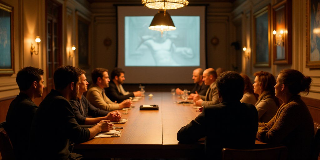a group of people sitting at a long table in a room with a projector screen on the wall, Ceferí Oli