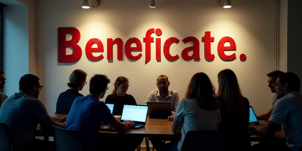 a group of people sitting at a table with laptops in front of a wall with a sign that says beneficat