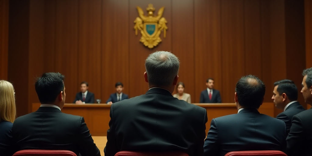 a group of people sitting at a table in a courtroom with a judge and a judge in the background, Fede