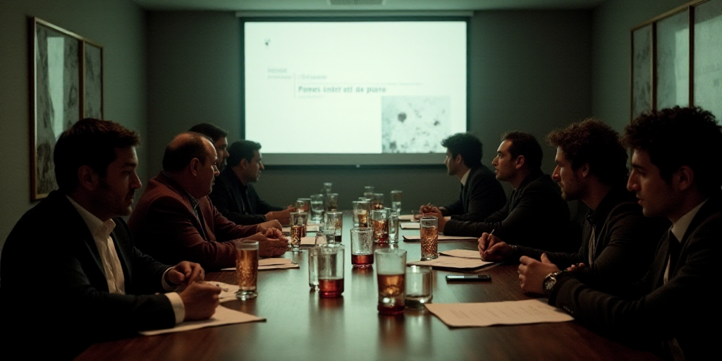 a group of people sitting at a table with papers and drinks in front of them and a projector screen