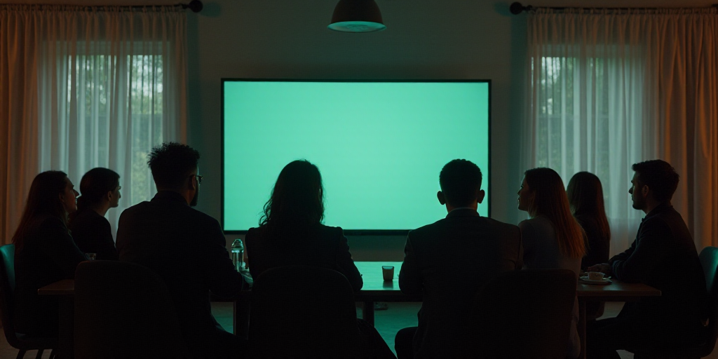 a group of people sitting at a table with a television in front of them and a screen in front of the