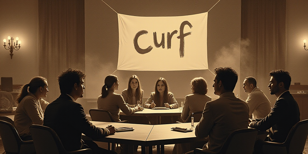 a group of people sitting at tables in a room with a banner behind them that says curf on it, Federi