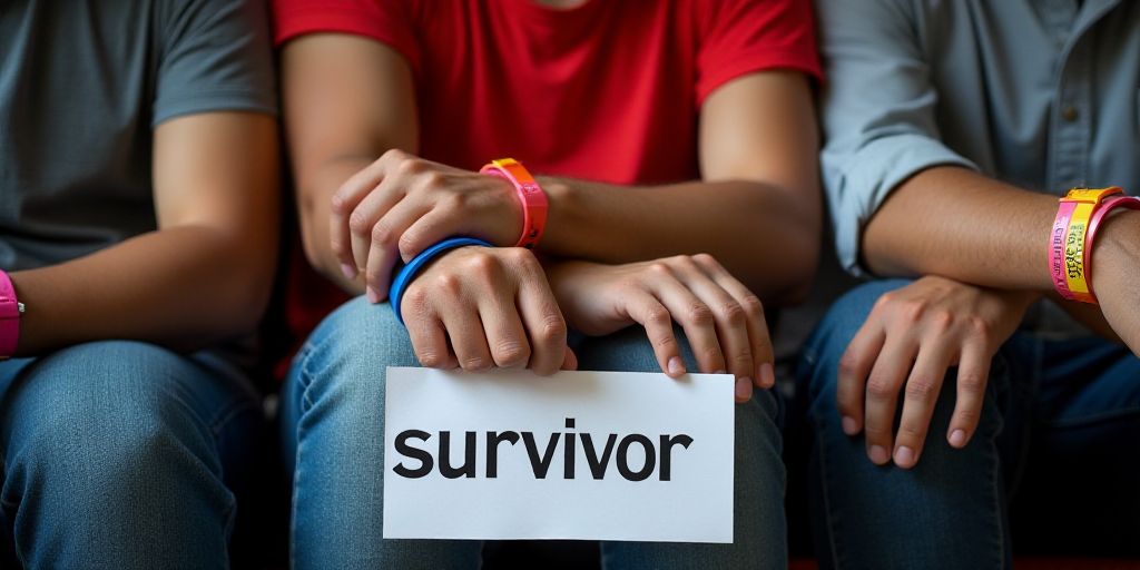 a group of people sitting down with wristbands on their wrists and a sign that says survivor, Eduard