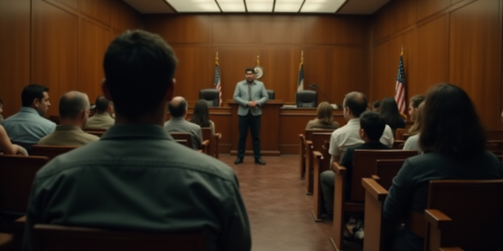 a group of people sitting in a courtroom with a man standing at the front of the room talking to the