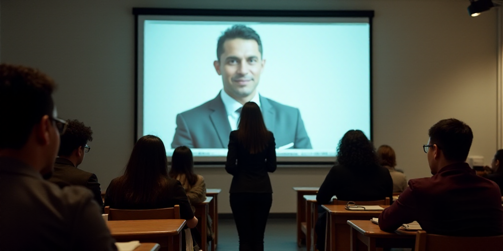 a group of people sitting in chairs in front of a screen with a man on it and a woman standing in fr