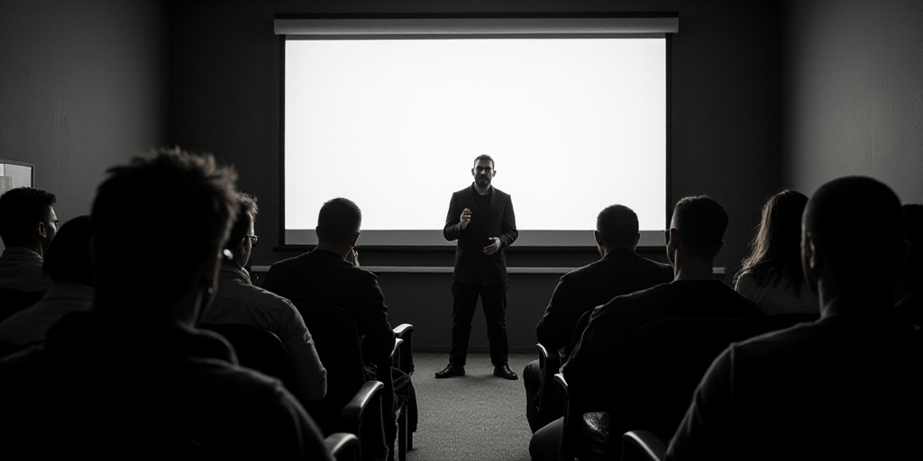 a group of people sitting in chairs in front of a screen with a man standing in front of them, Eddie