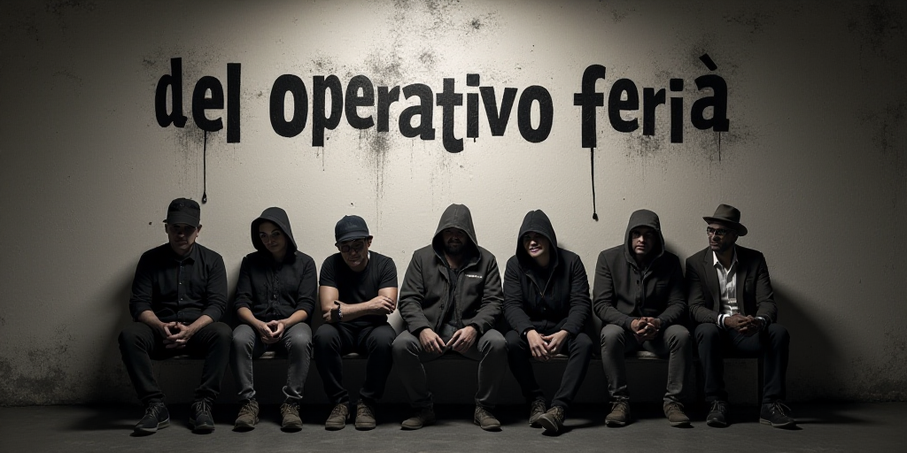 a group of people sitting in front of a wall with a sign behind them that says del operativvo feria,