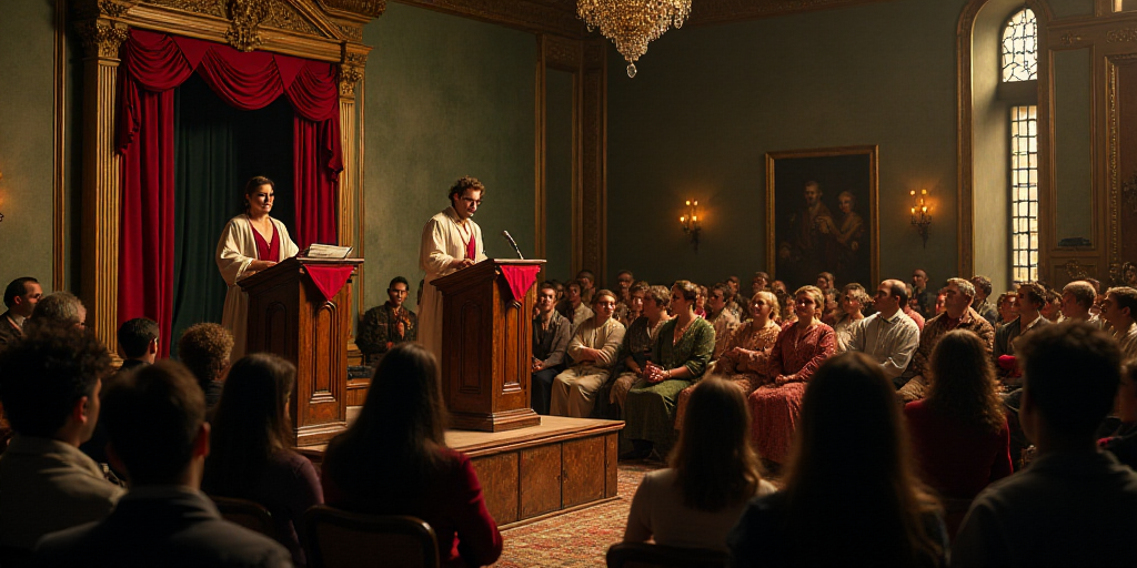 a group of people sitting in front of a podium with a speaker at the front of the room and a speaker