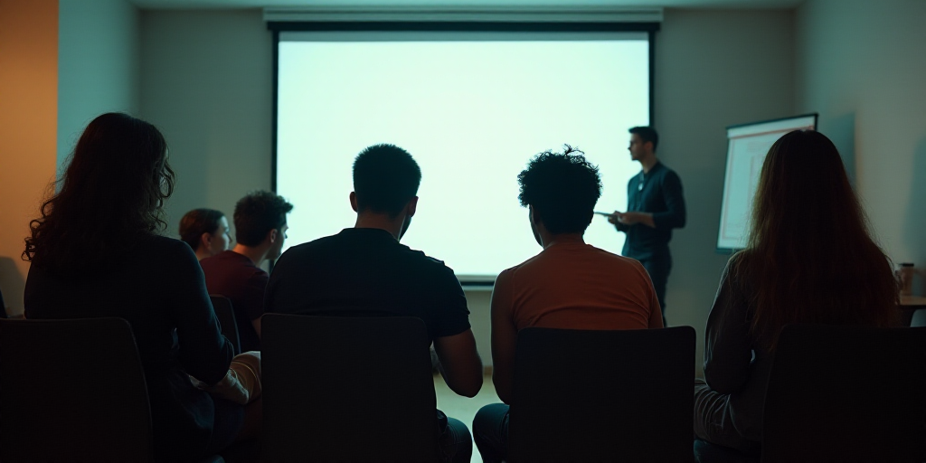 a group of people sitting next to each other in a room with a projector screen behind them and a man