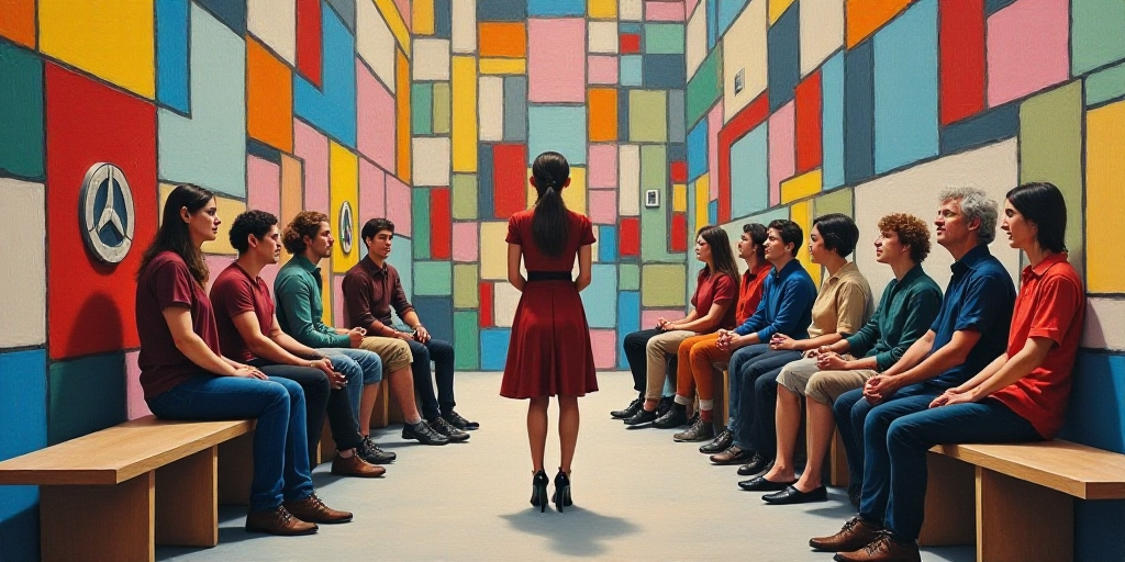 a group of people sitting on a bench in a room with a wall of pictures behind them and a woman stand