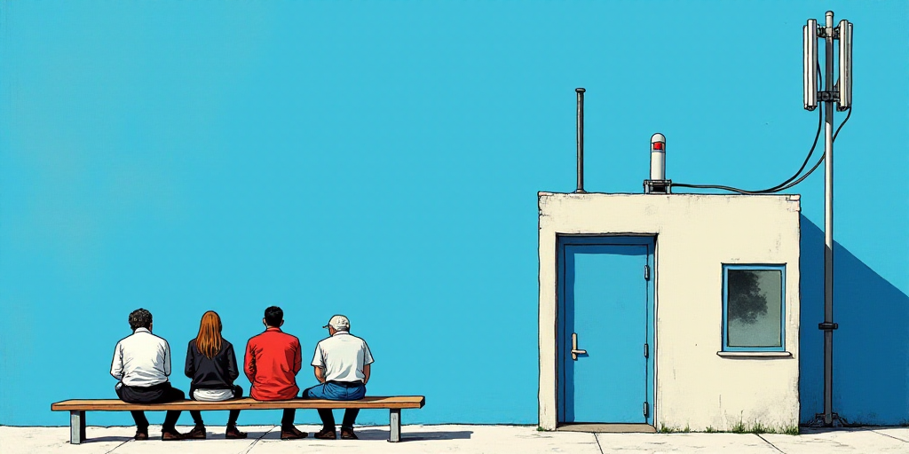 a group of people sitting on a bench in front of a building with a blue background and a cell phone