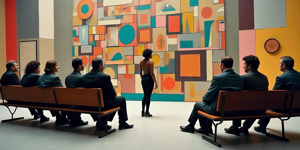 a group of people sitting on a bench in a room with a wall of pictures behind them and a woman stand