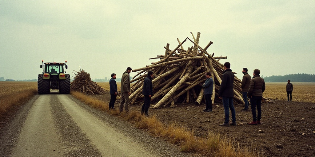 a group of people standing around a pile of logs on a road next to a field with a tractor, Afewerk T