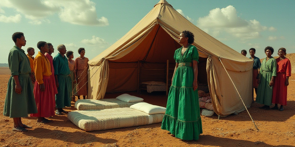 a group of people standing around a tent with beds and blankets on it and a woman in a green dress,
