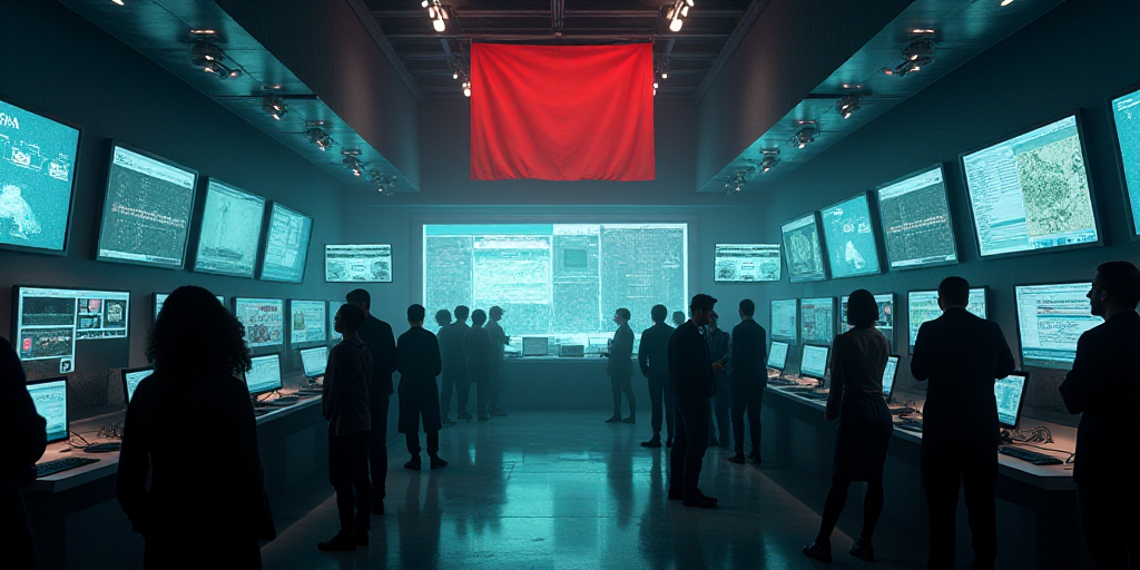 a group of people standing around a room with a lot of monitors on the wall and a flag hanging from